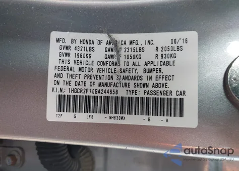 2016 Honda Accord Ex из США, поврежденный, VIN 1HGCR2F70GA244658